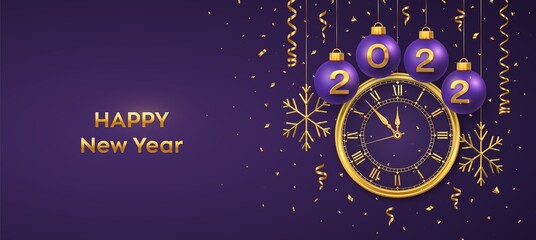 Happy New Year 2022. Hanging Purple Christmas bauble balls with realistic gold numbers 2022 and snowflakes. Watch with Roman numeral and countdown midnight, eve for New Year. Merry Christmas. Vector. - obrazy, fototapety, plakaty