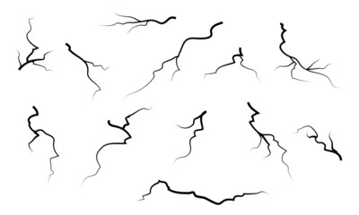 hand drawn cracked glass, wall, ground. lightning storm effect. doodle break set. vector illustration