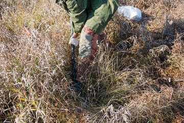 Digging with a shovel in the forest. The man is digging the ground. Dig up the treasure.