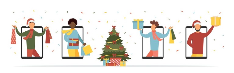 Christmas discounts online. People shop online. Vector illustration.