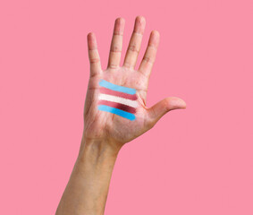 closeup of a transgender flag painted in the palm of the hand of a young caucasian person against a pink background