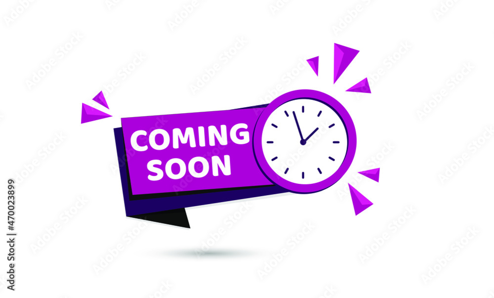 Poster modern vector banner ribbon coming soon with alarm. web element.