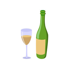 Bottle and glass of green wine in flat design style.