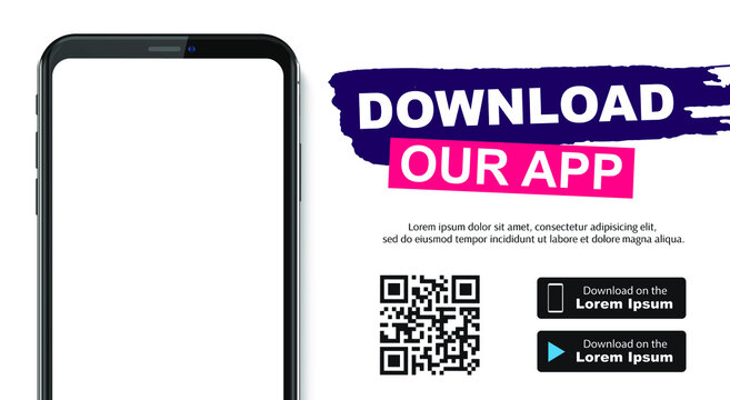 Cellphone download app landing page. Smartphone download our app mobile device banner. Vector illustration