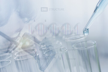 Scientist doing microscope for chemistry test samples, examining. Laboratory equipment and science experiments