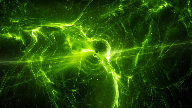 Green glowing multidimensional plasma in space