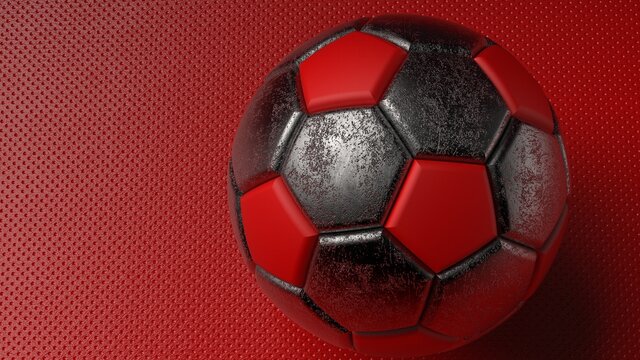 Rusty metallic silver-red soccer ball on red dots wall under spot light. 3D illustration. 3D high quality rendering.