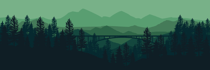 old bridge in middle of forest landscape vector illustration good for web banner, background, backdrop, wallpaper, design template, and tourism design