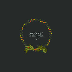 Doodle christmas wreath. Green round holly wreath. Frame with winter decor, for postcard, web site. Merry Christmas. Congrats card. Vector, dark green background. Green leaves, red berries, border.