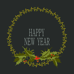 Doodle christmas wreath. Green round holly wreath. Frame with winter decor, for postcard, web site. Merry Christmas. Congrats card. Vector, dark green background. Green leaves, red berries, border.