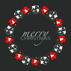 Christmas frame, doodle, red and white hand bells. Winter decoration for cards. Round border, ribbon on bell, din don. Hand drawn vector design for New Year eve. Merry Christmas wreath postcard.