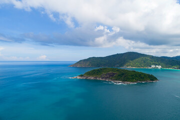 Aerial view landscape of small island in tropical sea against blue sky background Amazing small island at Phuket Thailand