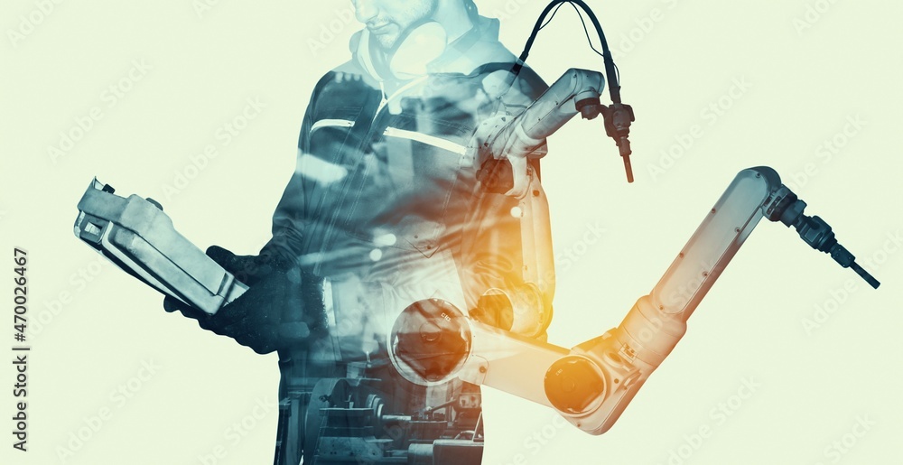 Poster mechanized industry robot arm and factory worker double exposure . concept of robotics technology fo