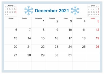 one month calendar december 2021 vector template 