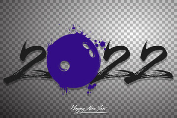 Numbers 2022 and a abstract bowling ball made of blots in grunge style. Design text logo Happy New Year 2022. Template for greeting card, banner, poster. Vector illustration on isolated background