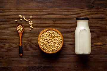 Soy vegan milk with soybeans- non dairy substitute diet nutrition