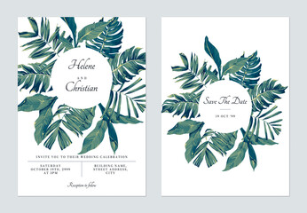 Foliage wedding invitation card template design, various hand drawn tropical green leaves on white