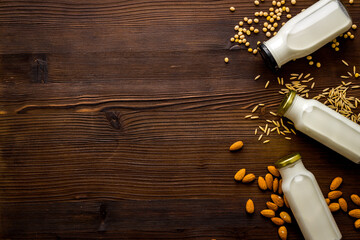 Set of non dairy substitute milk with almonds rice and oats