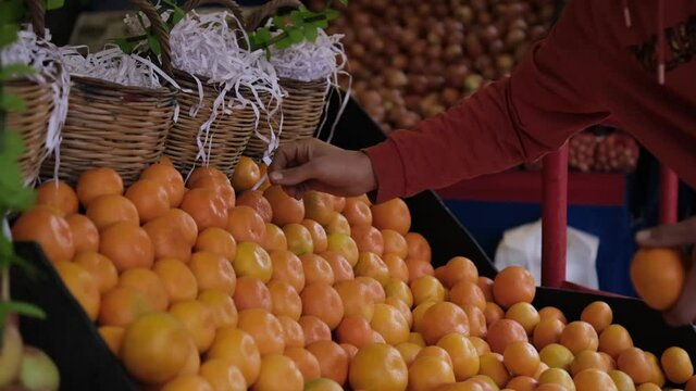 greengrocer arranging tangerines. tangerines on the shelf. fresh tangerines