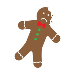Head bite. Christmas gingerbread man icon. Cartoon design. Unhappy cookie. Happy time. Vector illustration. Stock image.