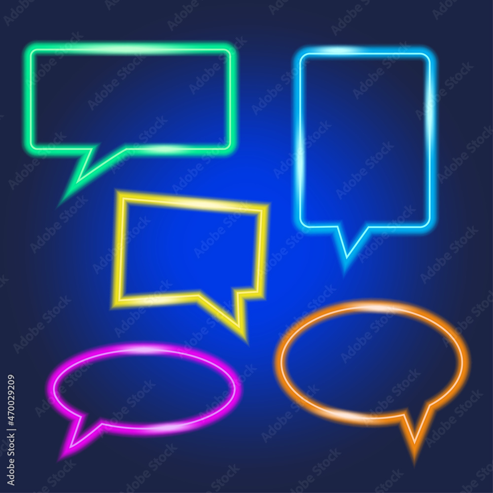 Poster a lot of neon dialog chat icon. blue background. message emblem. communication concept. vector illus