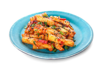 Plate with honey chilli potato on white background