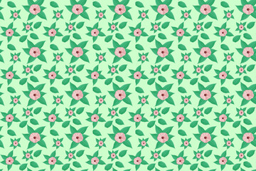 Seamless pink floral and green leaves on a light green background for fabric and product prints, endlessly stitching.