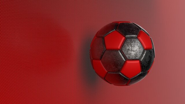 Rusty metallic silver-red soccer ball on red dots wall under spot light. 3D illustration. 3D high quality rendering.