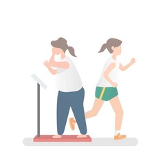 Overweight,it time to exercise and lose weight take care health,obesity women stand on weighing scale she unhappy and worry about weight,Make changes and start exercising seriously,Vector illustration