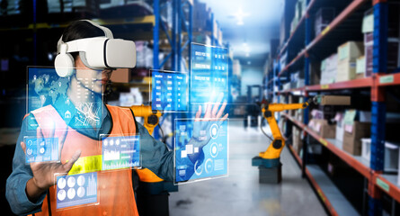Future virtual reality technology for innovative VR warehouse management . Concept of smart technology for industrial revolution and automated logistic control .