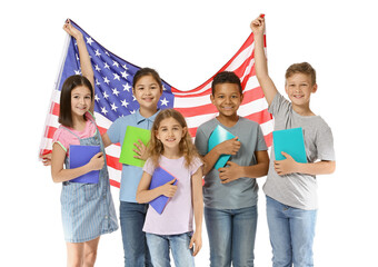 Pupils of language school with USA flag on white background