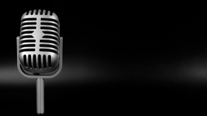 Retro microphone of silver on black background