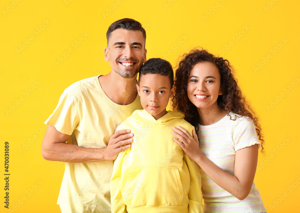 Sticker happy interracial family on color background