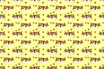 Seamless funny cat face, cute pattern wallpaper on yellow cream background.