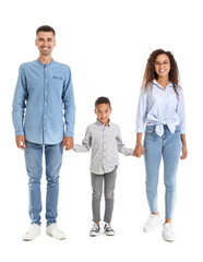 Happy interracial family holding hands on white background