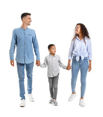 Fototapeta premium Happy interracial family holding hands on white background
