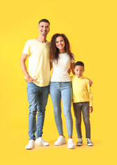 Happy interracial family on color background