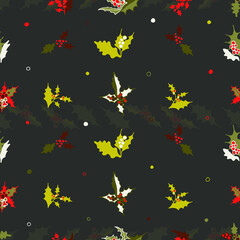Christmas doodle seamless pattern. Black background, green and red holly. Winter decoration. Textile for new year holiday, gift paper. Print for winter holidays decoration. Christmas flower vector.
