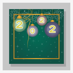 Christmas tree toys, New Year's balls, 2022. Vector flat postcard. Shining gold gradient, Falling snow background. Green card with golden frame, snowflake garland, serpentine, flickering sprockets. 