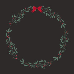 Świąteczny wianek z gałęzi jemioły, czerwonych jagód i kokardki. Okrągła ramka do designu na Boże Narodzenie i Nowy Rok. Dekoracyjne świąteczne elementy. Ilustracja wektorowa.
