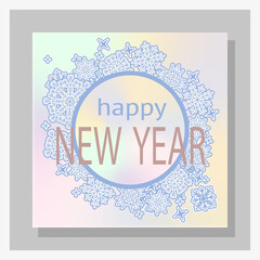Design of the Happy New Year. Congratulations on the New Year celebration, winter holidays. Holographic postcard with snowflakes flying from the center. Ice pattern on glass. Iridescent square banner