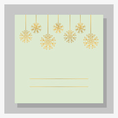 Happy New Year greeting card. Winter postcard, banner. Shining gold gradient. Snowflakes line art, minimalistic. Winter holiday vector. Falling snow background, green square decoration elements.
