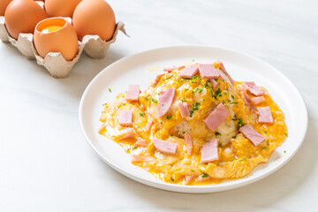 Creamy Omelet with Ham on Rice