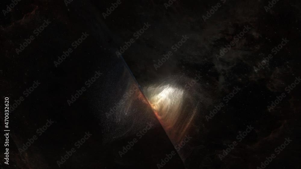 Poster flying through space by the glowing bright gas cloud in deep space. space exploring by the alien gas