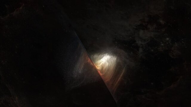 Flying through space by the glowing bright gas cloud in deep space. Space exploring by the alien gas cloud with star fields background. Abstract space animation background for title, logos. 3D render
