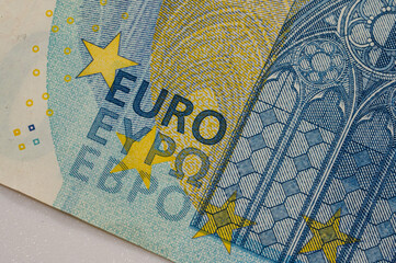 Close-up of a twenty euro banknote. Fragment of a banknote.