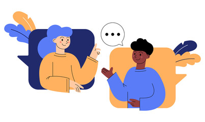 Conversation, online chat, people communicate, conversation of a white woman and a man of an African American. Message, answer. Dialog box, frame. Isolated on white background. 