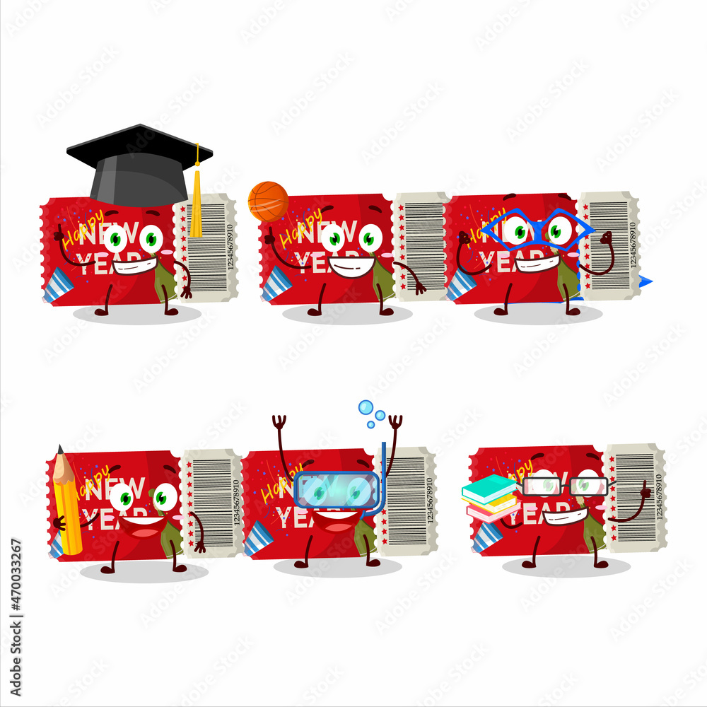 Sticker School student of new year ticket cartoon character with various expressions