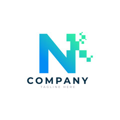 Tech Letter N Logo. Blue and Green Geometric Shape with Square Pixel Dots. Usable for Business and Technology Logos. Design Ideas Template Element.