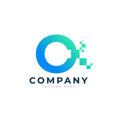 Tech Letter O Logo. Blue and Green Geometric Shape with Square Pixel Dots. Usable for Business and Technology Logos. Design Ideas Template Element.